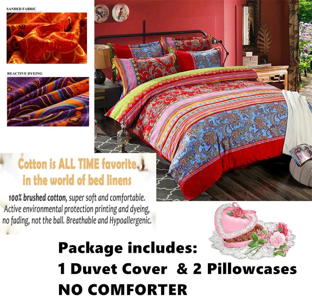 ABREEZE Twin Duvet Covers, Bohemian Retro Bedding Set, Coloful Mandala Down Comforter Cover, Boho Floral Style Quilt Cover, 100% Brushed Cotton, 1 Duvet Cover and 2 Pillow Shams,Red