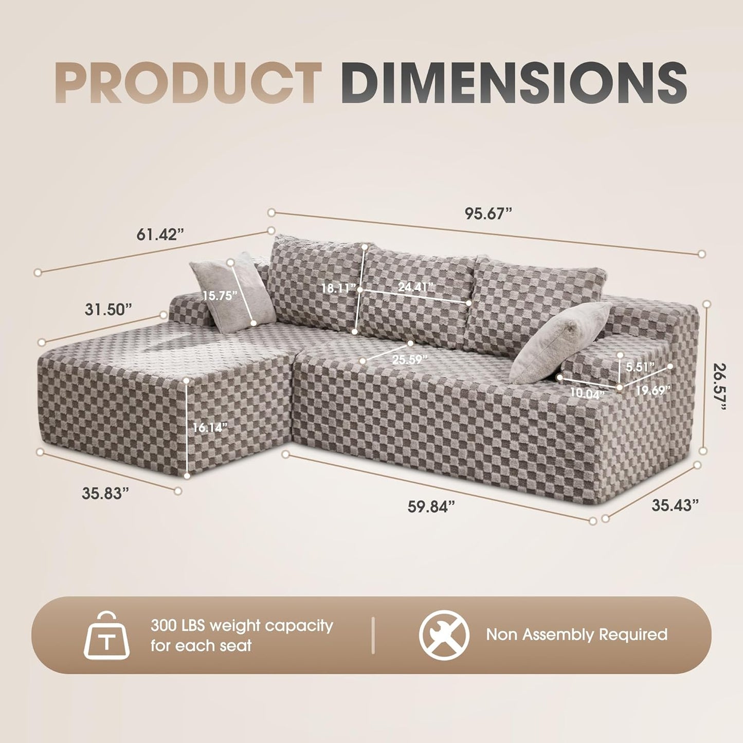 Hobestluk 96” Modular Sectional Sofa Couches L-Shape Couch 3 Seat Modular Sofa Memory Foam Sectional Couches for Living Room, Cloud Couch with Oversized Chaise (Grey, Checked (Left Facing Chaise))