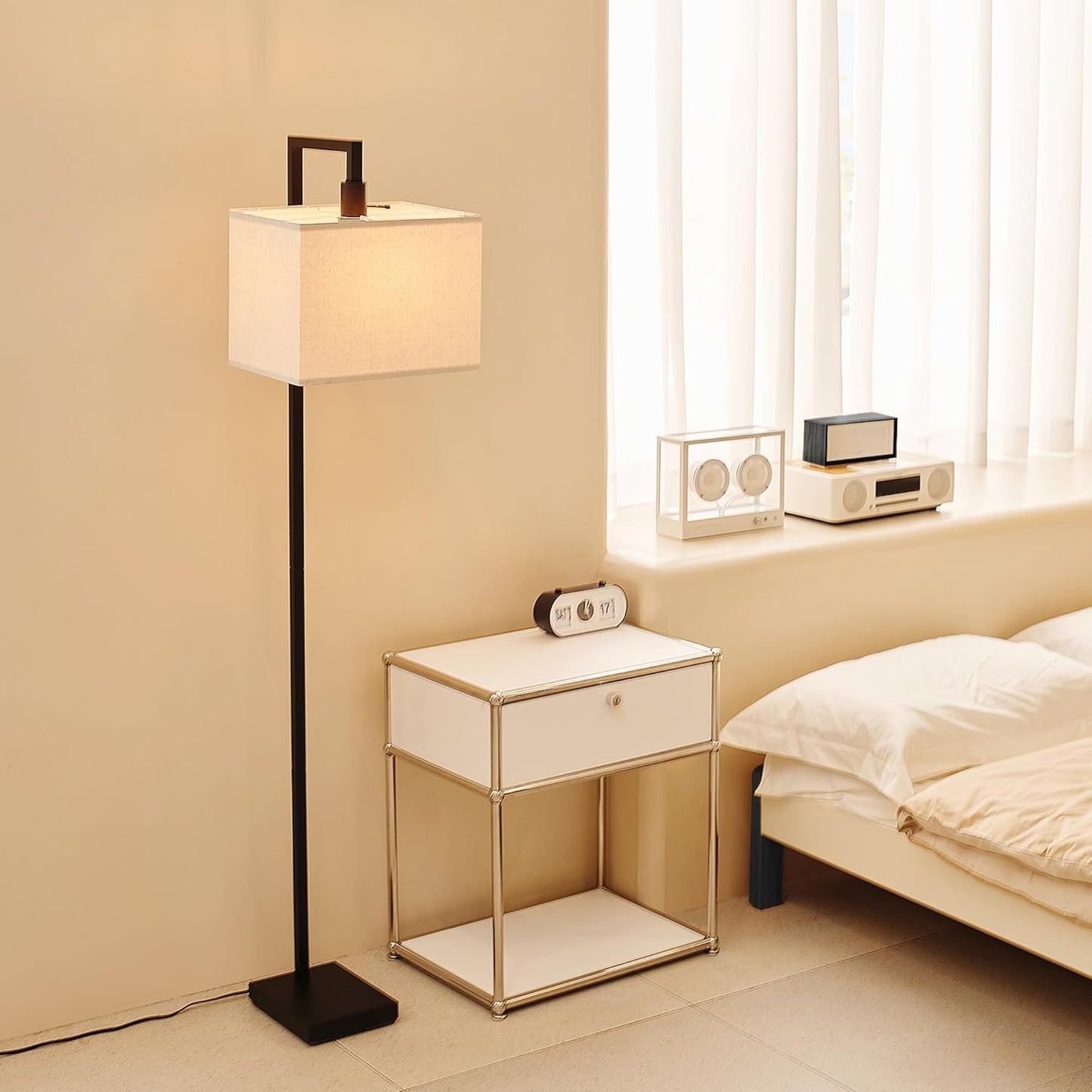 Globe Electric 61000052 60" Floor Lamp, Matte Black, Square White Fabric Shade, On/Off Rotary Switch on Socket, Square Rod, Reading Lamp, Home Office Accessories, Home Décor, Home Improvement