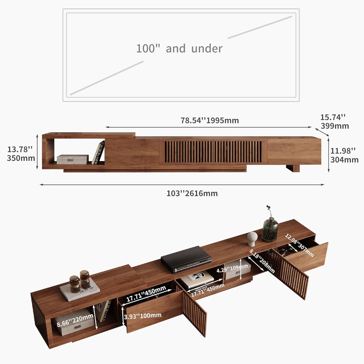 Mid Century Modern TV Stand for 75+ Inch TVs, Extendable Media Console (78"-103") with Ample Storage - Sleek Walnut Entertainment Center for Living Room