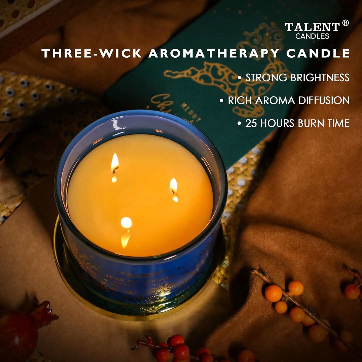 Christmas Candles, Large 3 Wick Jar Candles, Christmas Scented Candles Gifts for Women, Christmas Gift Ideas with Soy Wax Candles, Teak Mahogany