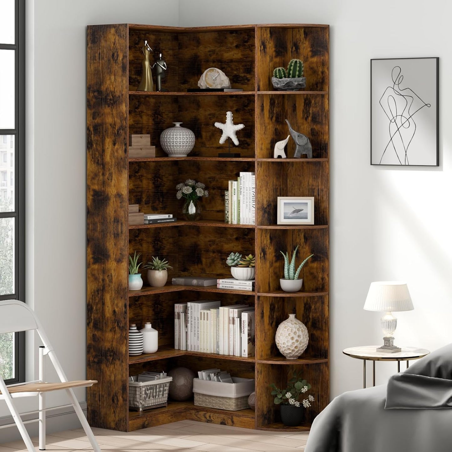 Loomie Bookshelves, 6 Tiers Shelf Large Tall Corner Etagere Bookcase with Full Baffle, L-Shaped Modern Storage Display Industrial Book Shelf for Bedroom, Home Office, Living Room & Kitchen, Rustic