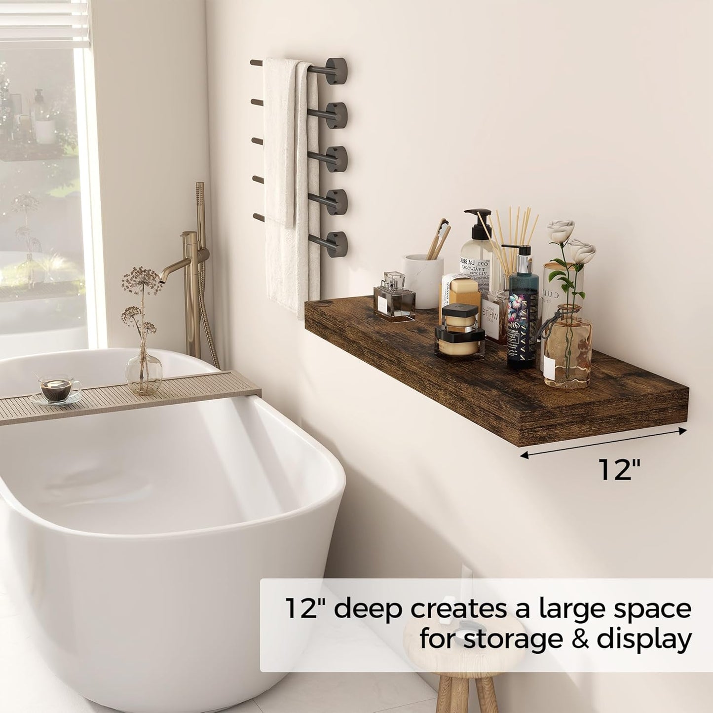 Floating Shelves 30 Inch Long, 12 Inch Deep Floating Shelf for Books, Rustic Wood 30 x 12 Storage Shelves for Wall Storage & Display, Thicked Wall Shelf for Kitchen, Living Room, Rustic Brown, 1 Pack