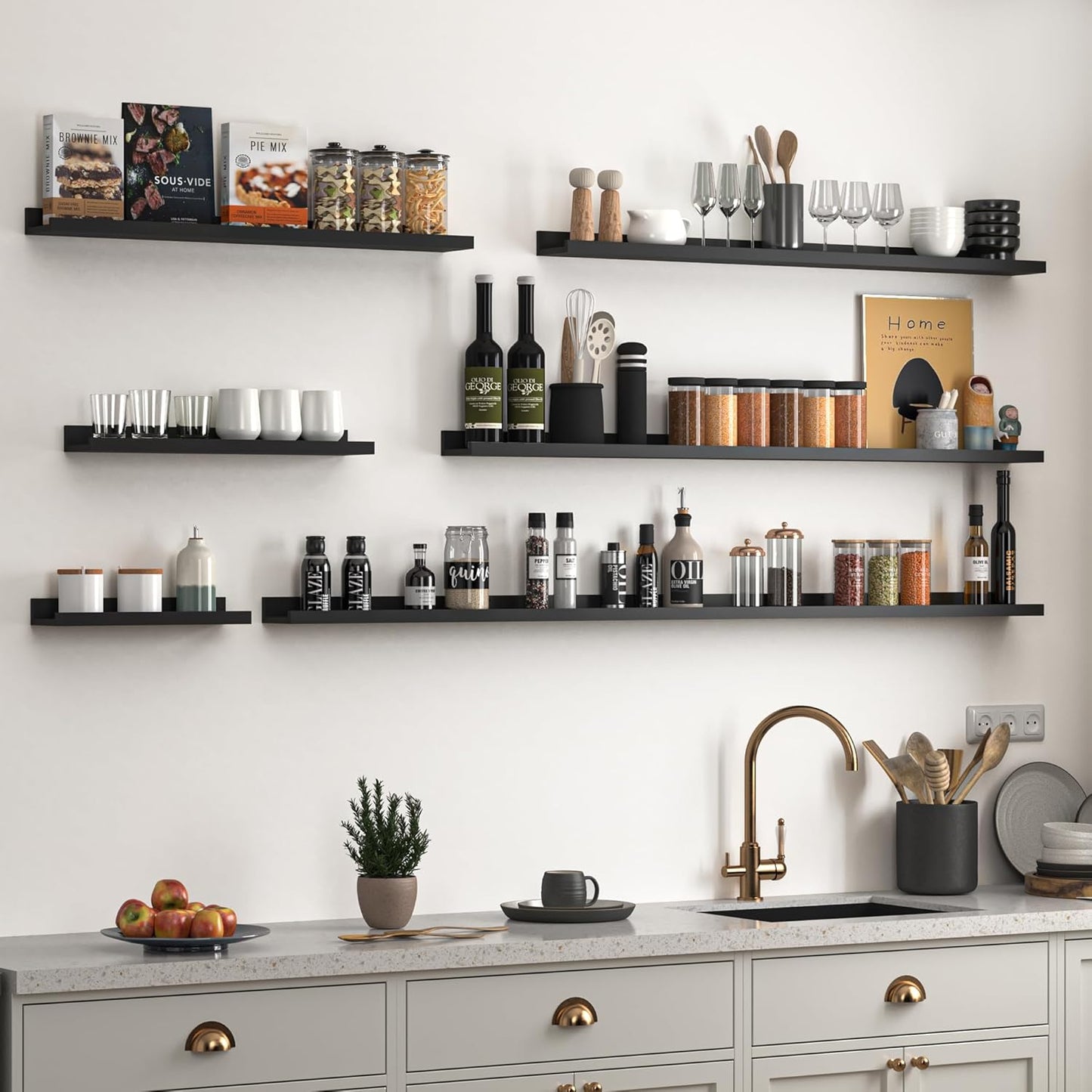 Heimlove Picture Ledge Shelf, Floating Shelves Set of 2, 36 Inches Picture Shelf for Wall with Ledge, Kids Bookshelf Wall Mounted for Living Room Bedroom Decor Books Photo Frames - Black