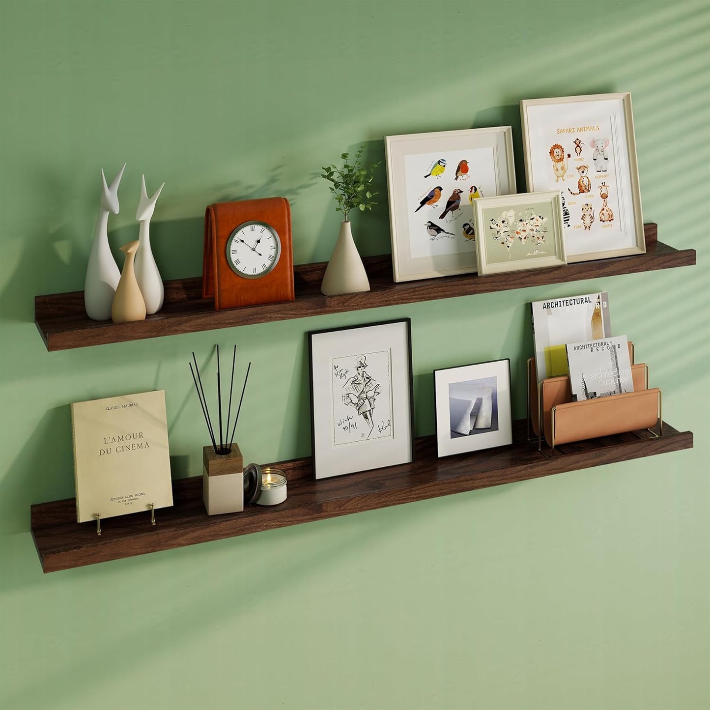 Floating Picture Ledge Shelves 55 Inch Solid Oak Wood Set of 2, Rustic Wall Storage Shelves with Lip, Kids Bookshelf, Photo & Picture Ledge Shelves for Bedroom, Living Room, Kitchen