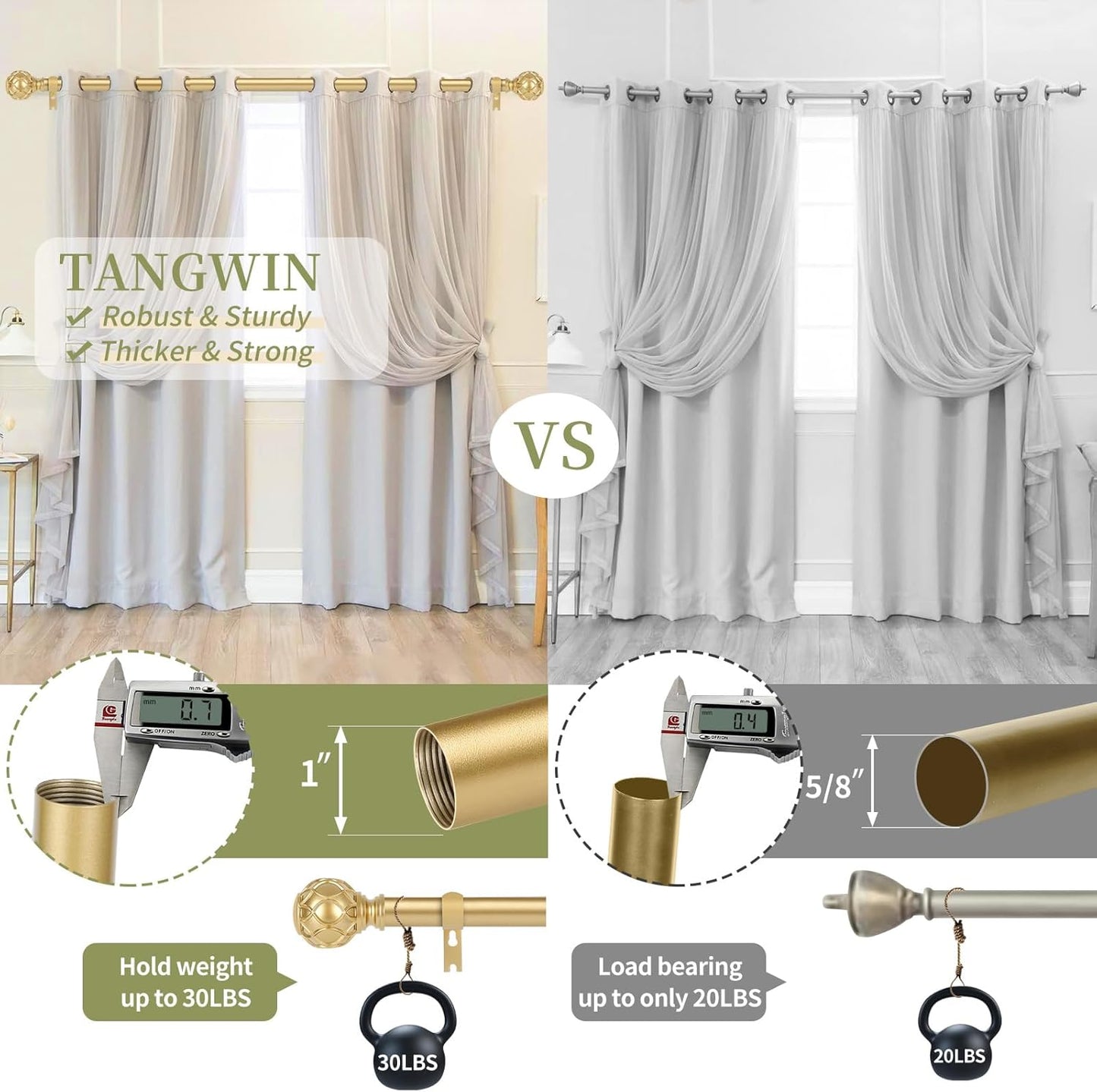 Gold Adjustable Curtain Rods for Windows:18-60 Inch Farmhouse Heavy Duty Curtain Rod for Bedroom Living Room,Boho Decorative Rustic Drapery Rods with Vintage Coastal Texture Finial,Brass Gold