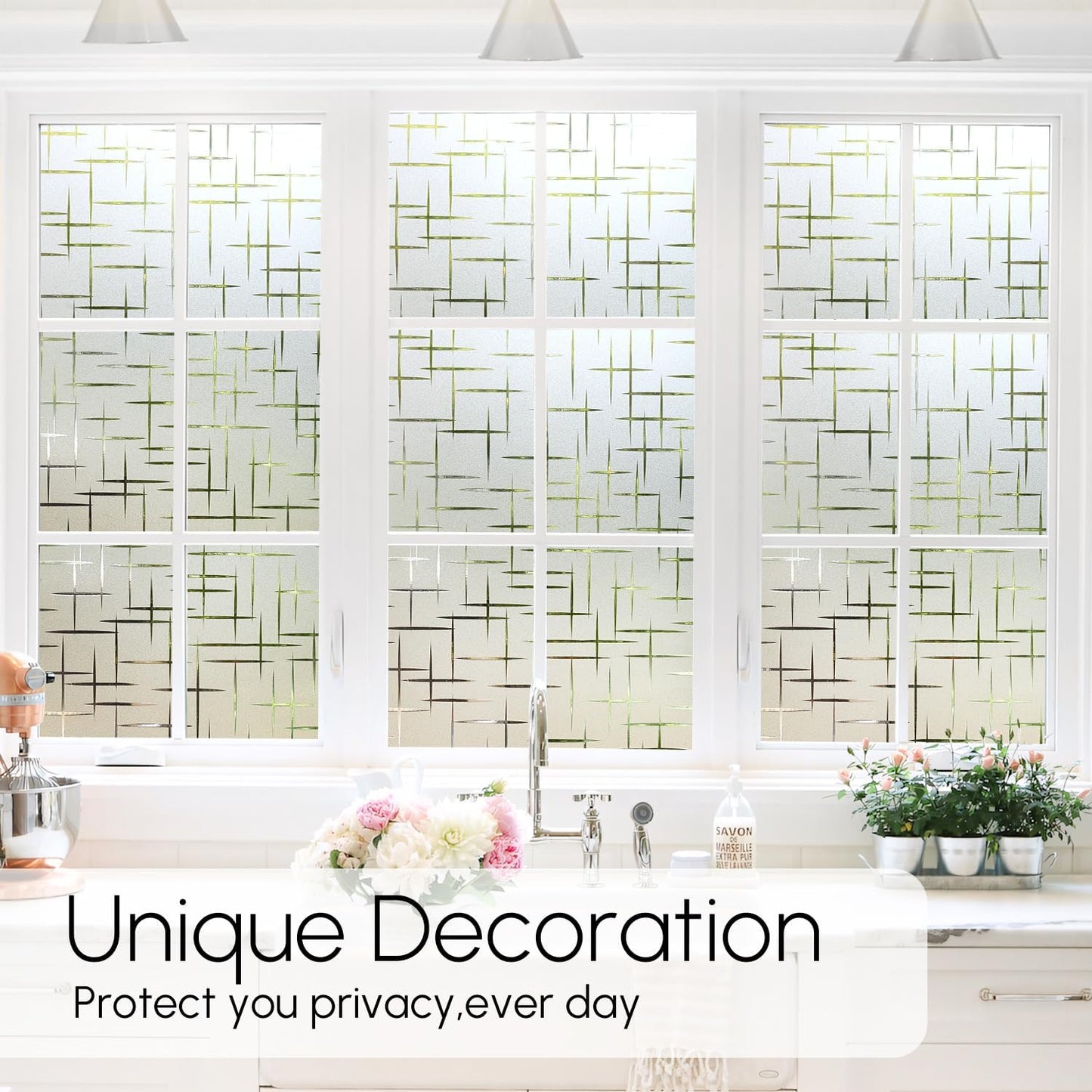 HIDBEA Window Privacy Film, Decorative Staic Cling Frosting Film, Heat Control UV Blocking Non-Adhesive Window Sticker for Home, Cross Pattern,35.4 X 78.7 Inches