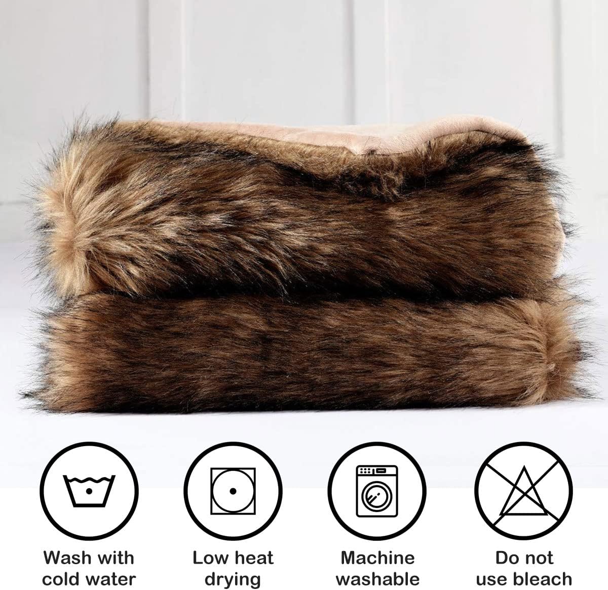 Luxury Plush Faux Fur Blanket Queen Size, Long Pile Brown with Black Tips, Oversized Super Warm, Fuzzy, Elegant, Fluffy Decoration Throw Blanket for Sofa, Armchair, Couch and Bed, 90"x90"