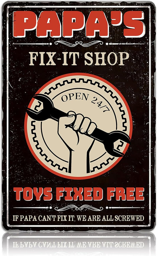 Papas Fix It Shop Metal Tin Signs for Garage Man Cave Decor Funny Papa Gifts - Vintage Tool Shop Papa's Workshop Signs, Father's Day Gifts Decorations 8x12 Inch