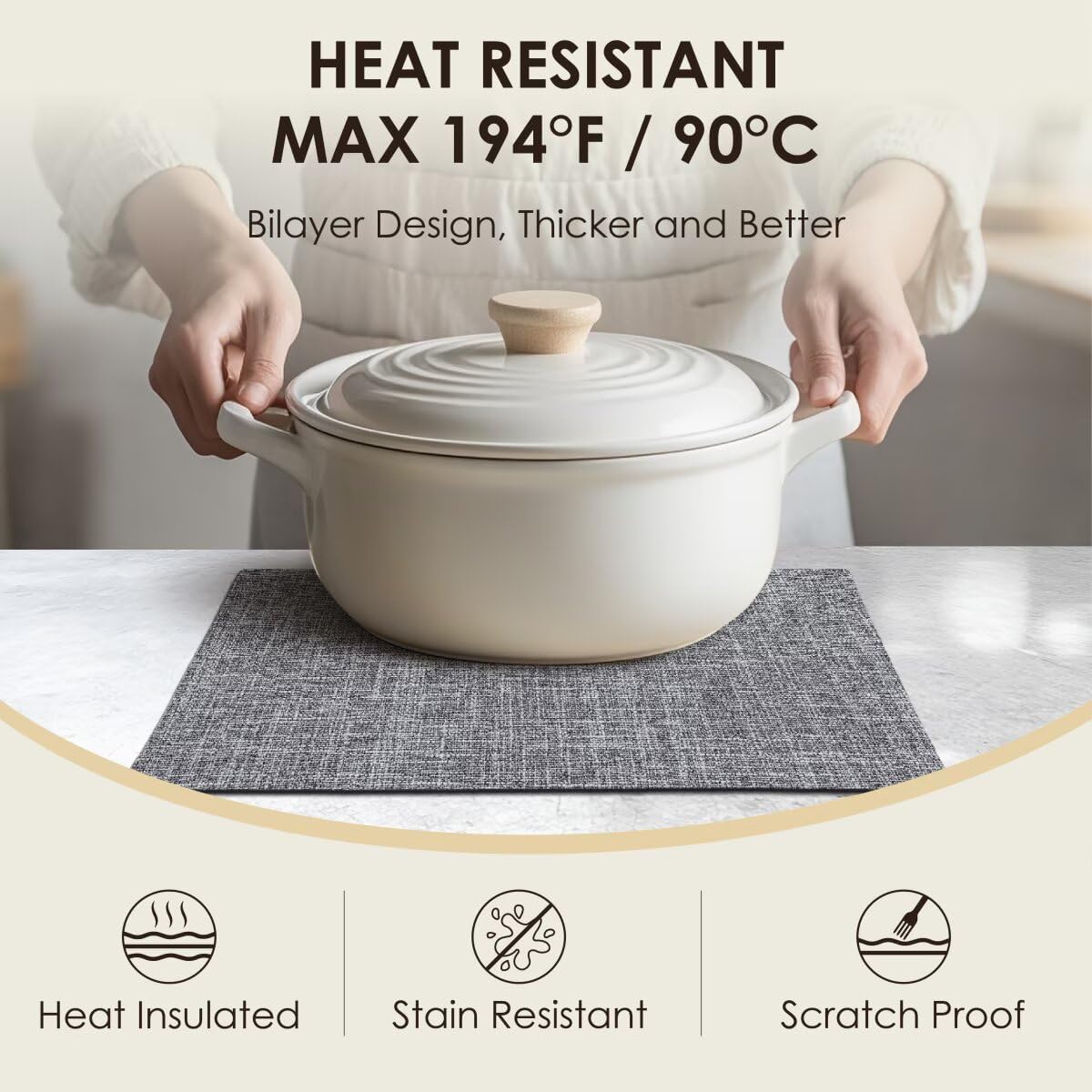 Placemats Set of 4, Bilayer Thickened Linen Place Mats Heat Resistant Machine Washable Wrinkle Free Carefully Selected Polyester Mats for Kitchen/Dining/Coffee Table (Light Grey)