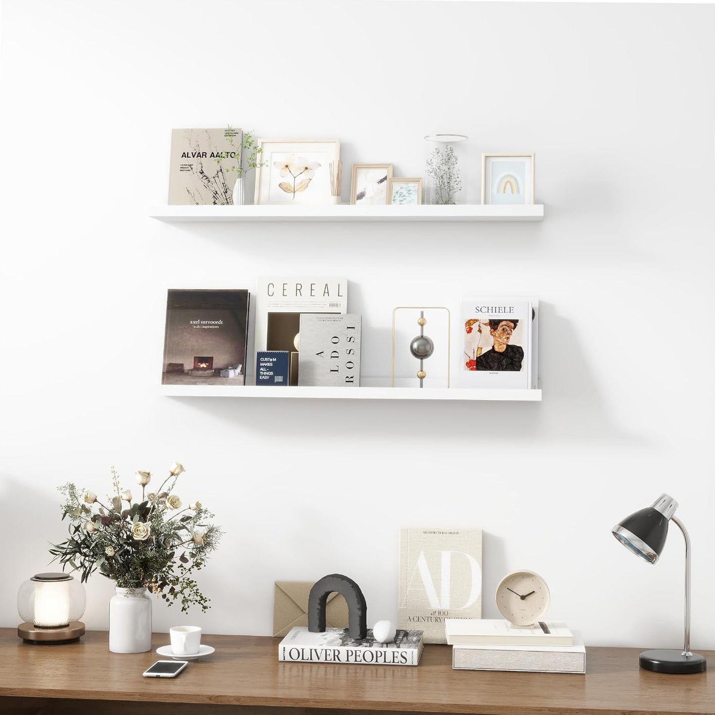 Picture Ledge Shelf, Wood Floating Shelves Set of 2, 36 inch Picture Ledge Shelves, Photo Ledge Nursery Book Shelves Wall Mounted for Living Room Kids' Room Bedroom, Color White