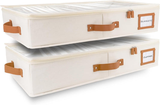 HOMELUX THEORY 2pc Under Bed Storage Containers, Bedroom Under the Bed Drawer Storage Organizer with Bins and Lids, Medium Underbed Clothes Storage Box Ideal for Blanket, Fabric, & Shoes (Ivory)