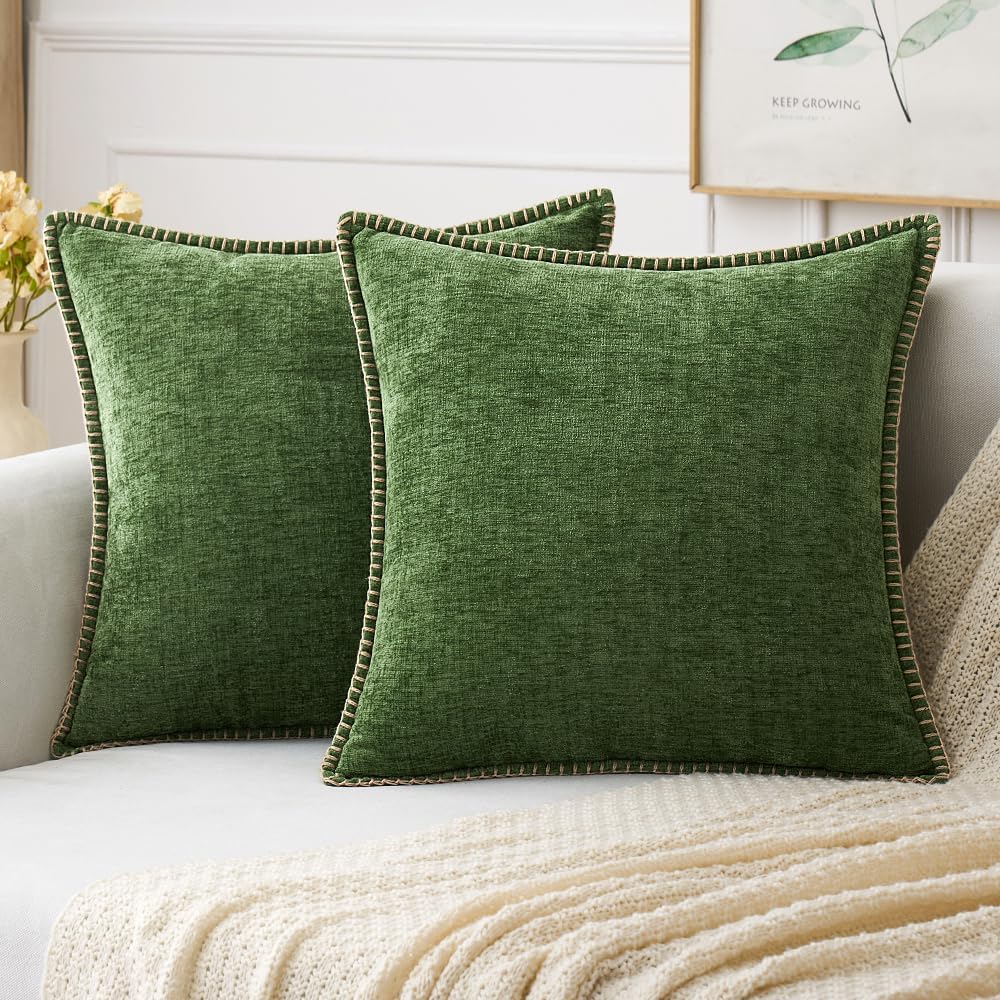 MIULEE Pack of 2 Christmas Pillow Covers 22x22 Inch Moss Green Farmhouse Decorative Throw Pillow Covers with Stitched Edge Soft Chenille Solid Dyed Couch Pillow Covers for Sofa Bed Living Room