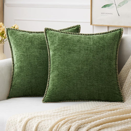 MIULEE Pack of 2 Christmas Pillow Covers 22x22 Inch Moss Green Farmhouse Decorative Throw Pillow Covers with Stitched Edge Soft Chenille Solid Dyed Couch Pillow Covers for Sofa Bed Living Room