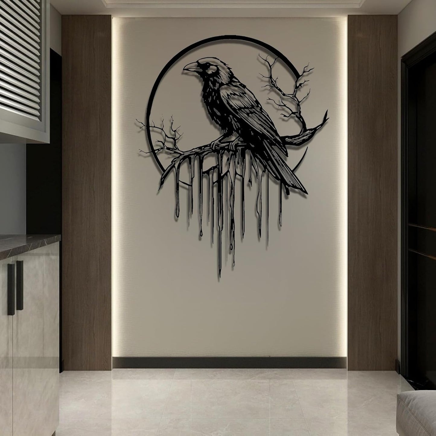 Crow Metal Wall Decor, Raven Wall Art, Large Gothic Raven Decor Hangings, Bird Wall Decor, Metal Tree Branch Decor, Ravens Sign, Raven Art for Living Room (Black, 47"x38" | 120x96cm, metal wall art)