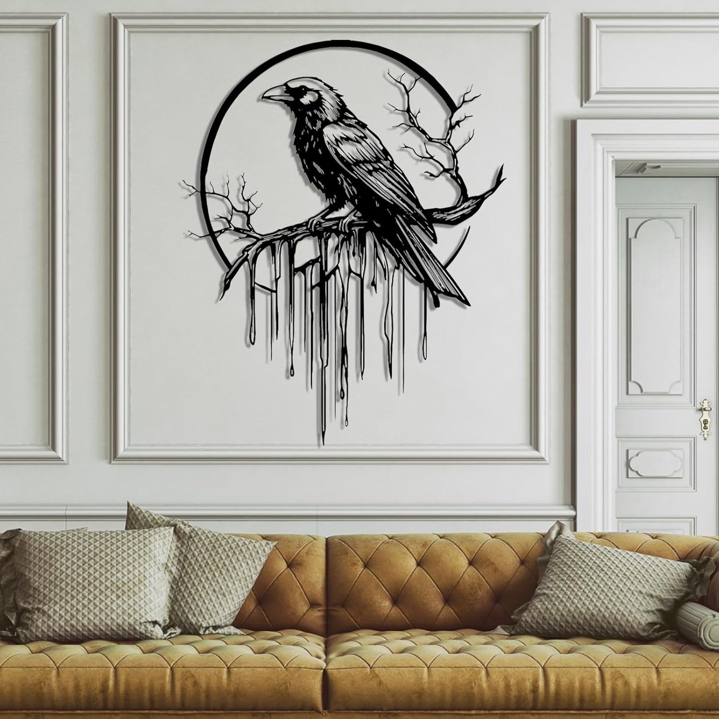 Crow Metal Wall Decor, Raven Wall Art, Large Gothic Raven Decor Hangings, Bird Wall Decor, Metal Tree Branch Decor, Ravens Sign, Raven Art for Living Room (White, 31"x25" | 80x64cm, metal wall art)