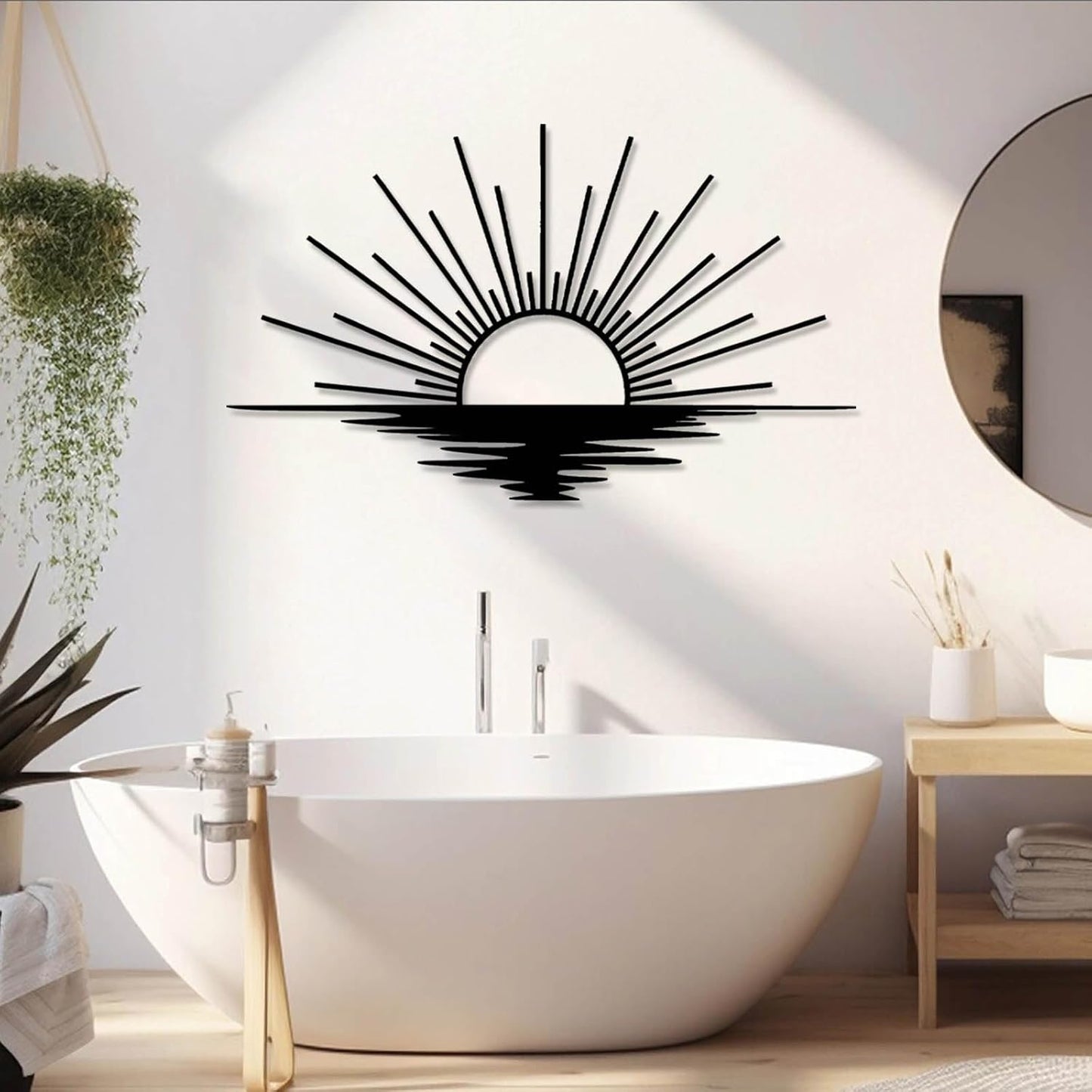 Sunrise Metal Wall Art, Metal Sun Wall Decor, Sun Outdoor Wall Art, Abstract Sunrise Wall Decor, Boho Home Hanging, Living Room Wall Hanging (White, 59"x35"/150x90cm)