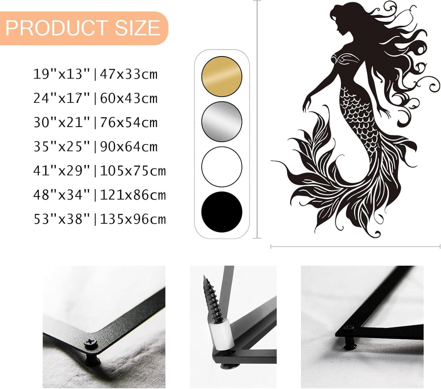 Veplsur Mermaid Metal Wall Art, Metal Mermaid Wall Decor, Marine Biology Wall Decor, Ocean Wall Art, Nautical Wall Hanging, Beach Hanging for Bathroom Bedroom (Black, 48"x34"|121x86cm)