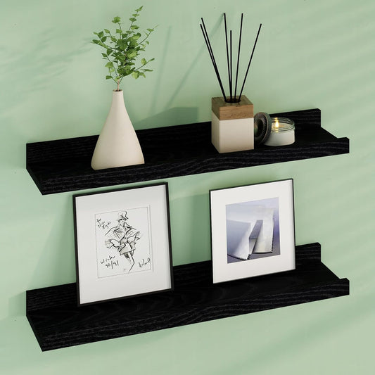 Floating Picture Ledge Shelves 24 Inch Solid Oak Wood Set of 2, Rustic Wall Storage Shelves with Lip, Kids Bookshelf, Photo & Picture Ledge Shelves for Bedroom, Living Room, Kitchen