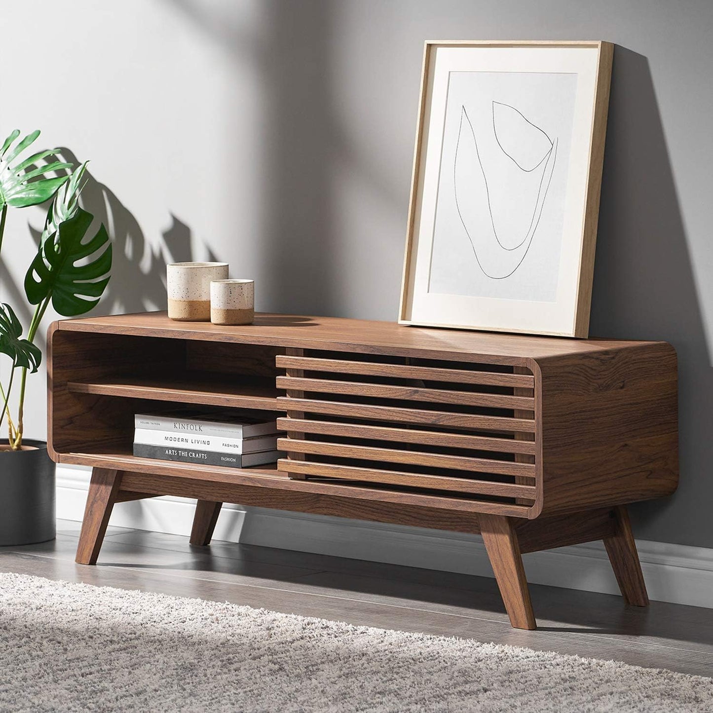 mopio Ensley TV Stand, Mid Century Modern for 55/60/65 inch TV, Farmhouse TV Stand, Entertainment Center with Storage, TV and Media Consol for Living Room (Walnut, 46")