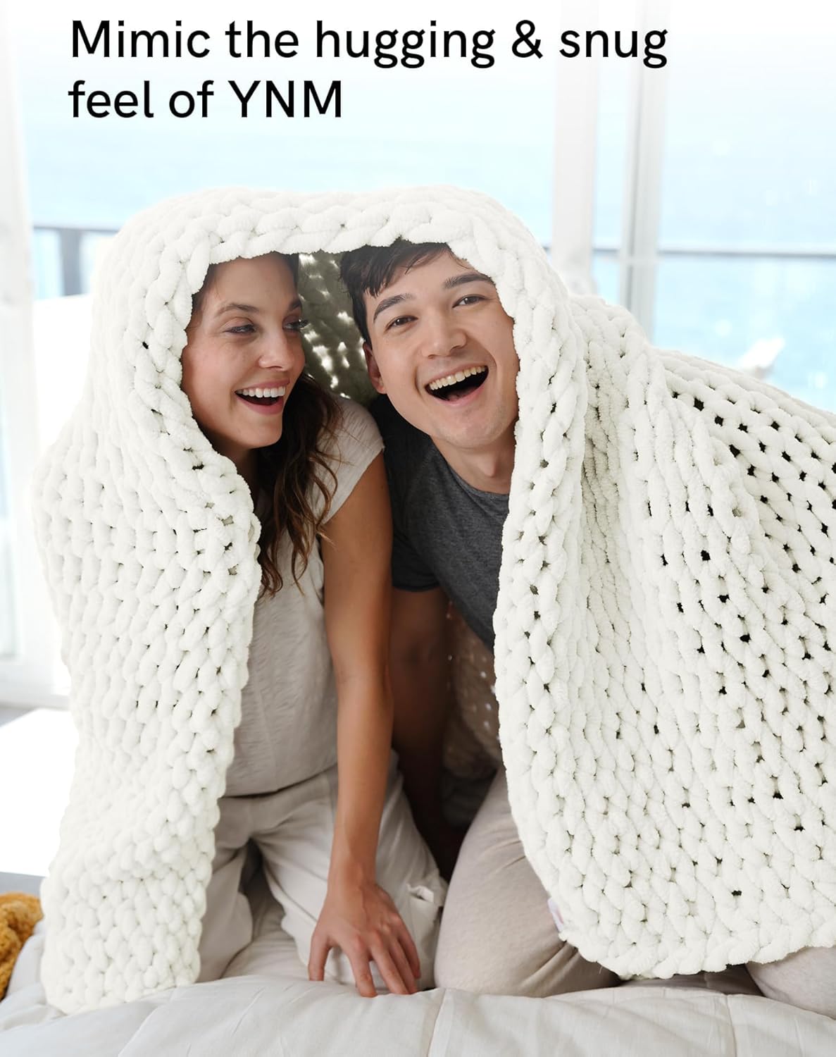 YnM Chunky Throw Blanket, Hand Knitted with Chenille Yarn, Skin Friendly, Ventilated and Breathable, Machine Washable, Home Décor Piece for Couch, Sofa and Bed (White, 30x40 Inch)