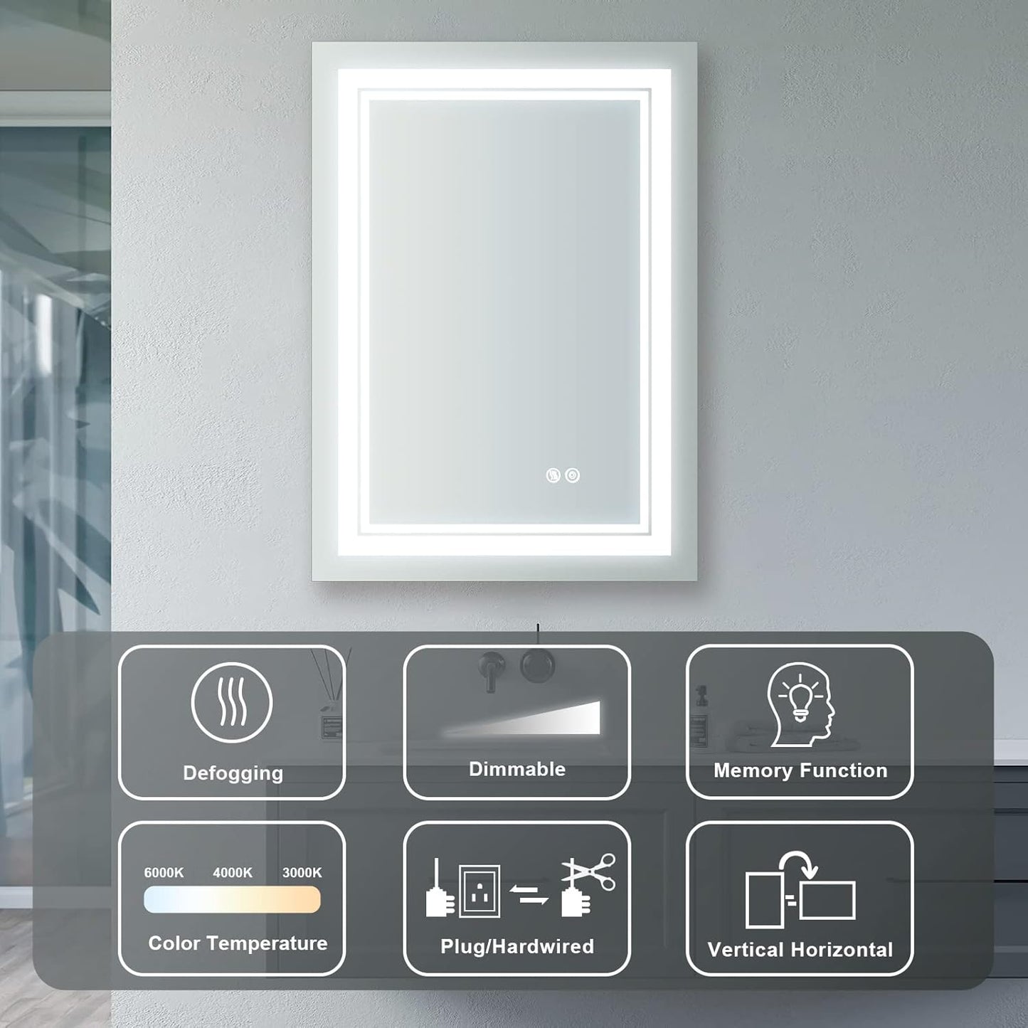 WELLFOR LED Bathroom Vanity Mirror 24 x 32 Inch, Lighted Anti-Fog Dimmable Mirror, IP44 Waterproof Wall Mounted Makeup Mirror, Packed with US Standard Plug and Touch Switch, (Horizontal/Vertical)