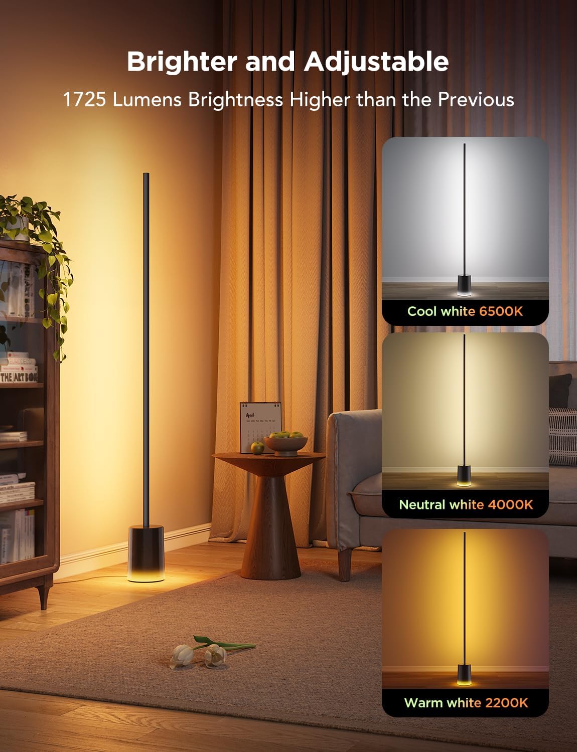 Govee Floor Lamp 2 with Matter, RGBIC, Warm Cool White LED, Alexa Compatible, 1725lm, Music Sync, Scene Modes, Smart Floor Lamp for Living Room, Bedroom, Black(1 Pack)