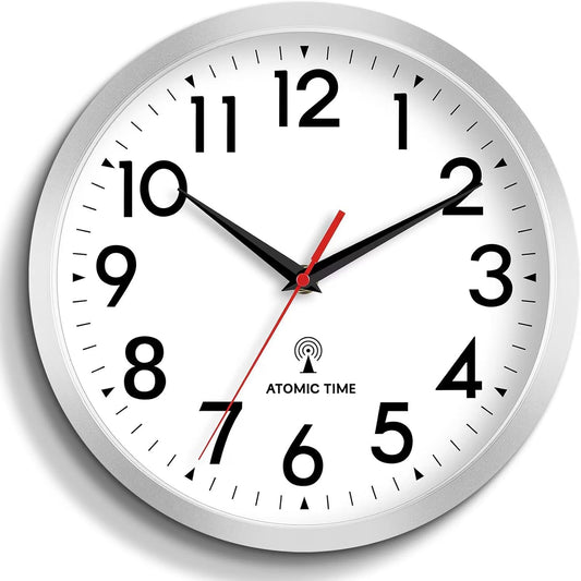 Atomic Wall Clock Analog 14 Inch Battery Operated Modern Decorative for Living Room Kitchen Office Bedroom Bathroom(Silver)
