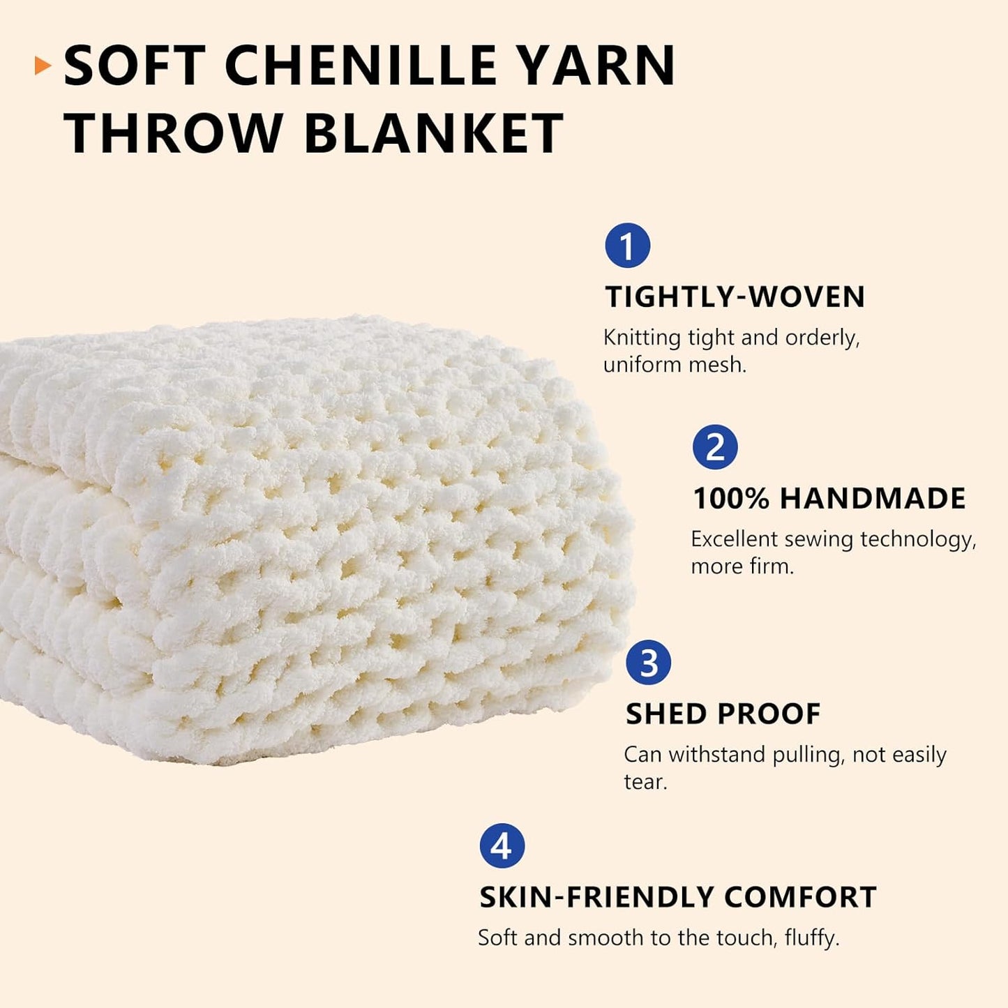 L'AGRATY Chunky Knit Blanket Throw: 72''x84'' Chenille Chunky Knitted Throw Blanket for Bed Couch - Handmade Thick Big Cable Knit Blanket - Large Chunky Crochet Blanket for Home Decor(Cream White)