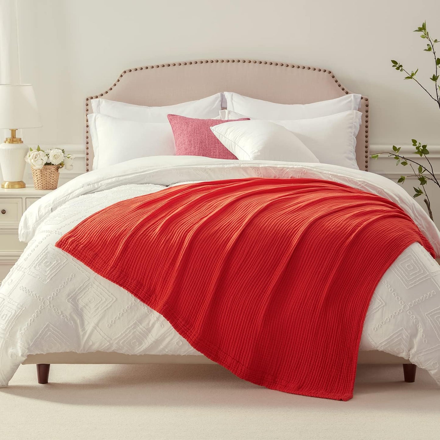 EMME Cotton Blanket Queen Size for Bed Soft Large Muslin Bed Blankets 90"x90" Lightweight Breathable All Season Gauze Blanket, Orange Rust