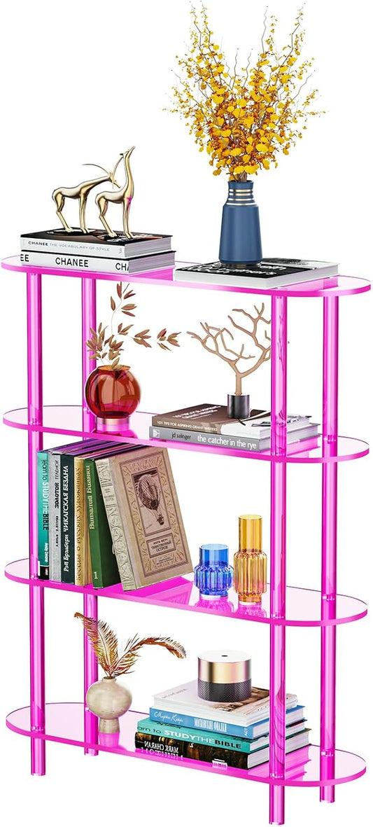 Clear Bookshelf, Acrylic Bookcase with Open Book Shelf Console Table for Entryway Office (4 Tier Pink)