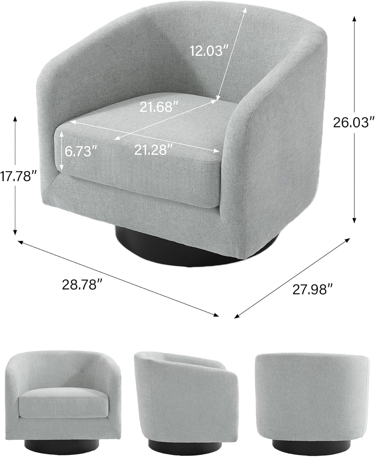 Swivel Barrel Accent Chair, Modern Round Chenille Fabric Arm Chair for Living Room, Bedroom, Comfy Club Reading Chairs for Adults（Chenille Fabric, Light Grey, Set of 4