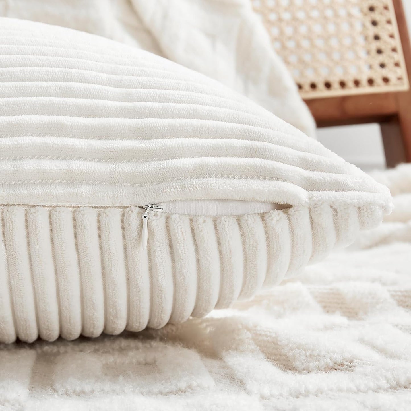 Fancy Homi 2 Packs Cream White Decorative Throw Pillow Covers 18x18 Inch for Living Room Couch Bed Sofa, Farmhouse Boho Home Decor, Soft Corss Corduroy Patchwork Textured Square Cushion Case 45x45 cm