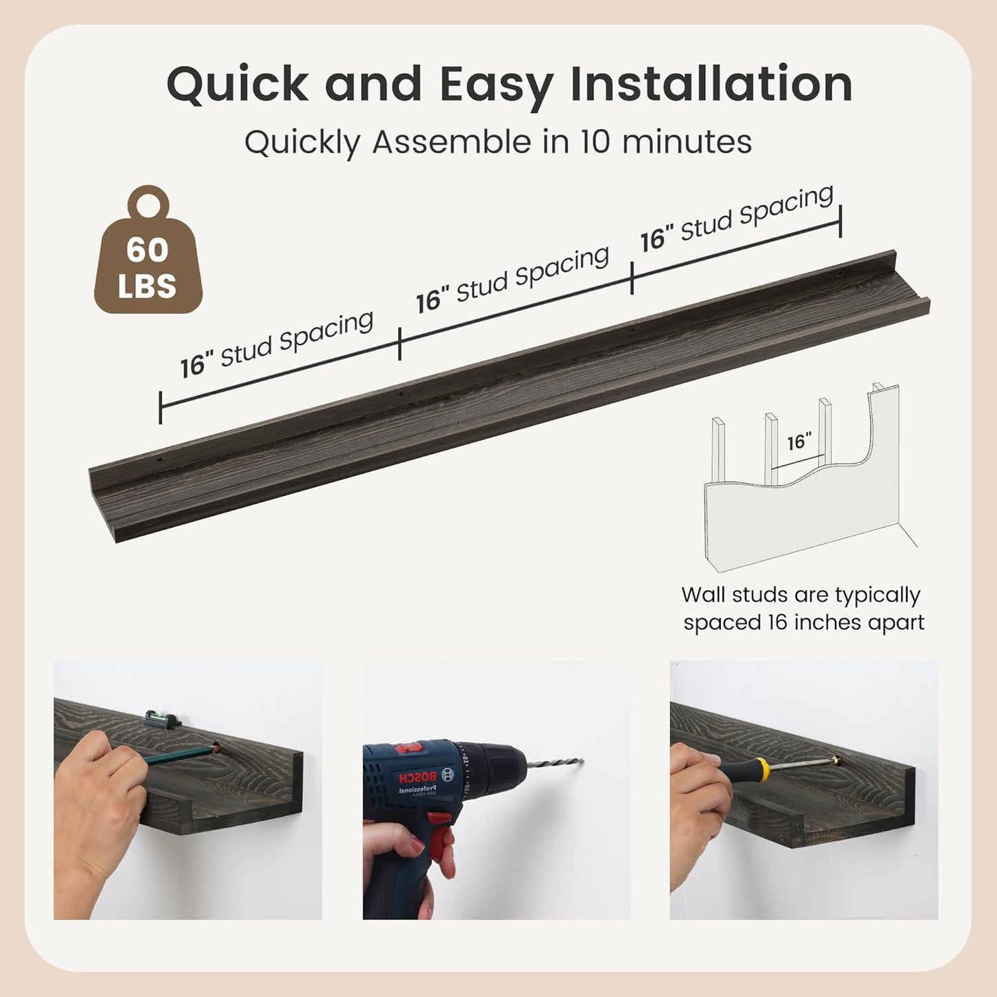 Picture Ledge Wall Shelves 56 Inches Width Set of 3, Solid Pine Wood Rustic Floating Ledge for Kids' Room Bedroom Kitchen Bathroom, Long Floating Shelves for Wall Decor, Grey