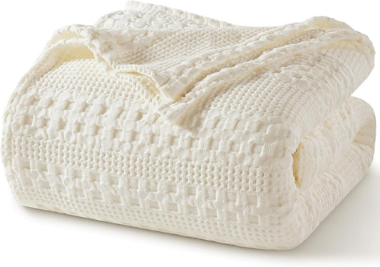 PHF 100% Cotton Waffle Weave Blanket King Size, Soft Lightweight Breathable Cozy Summer Blankets for Bed, Luxury Aesthetic Woven Bedding for Home Decor, 108"x90", Ivory