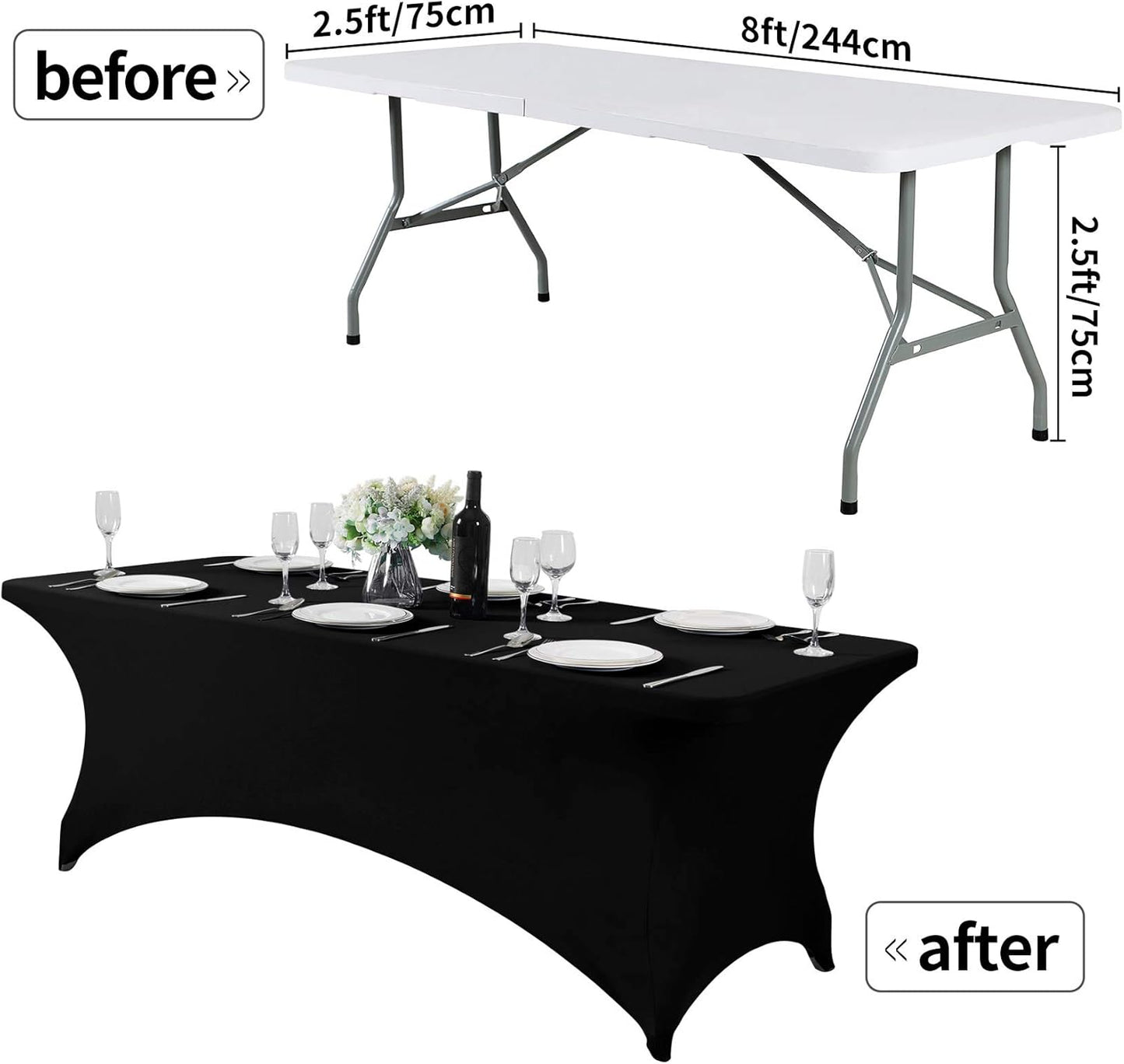 2Pack Spandex Table Cover for 8FT or 4ft or 6ft Table Universal Fitted Stretch Tablecloth for Party, Banquet, Wedding and Events-Black