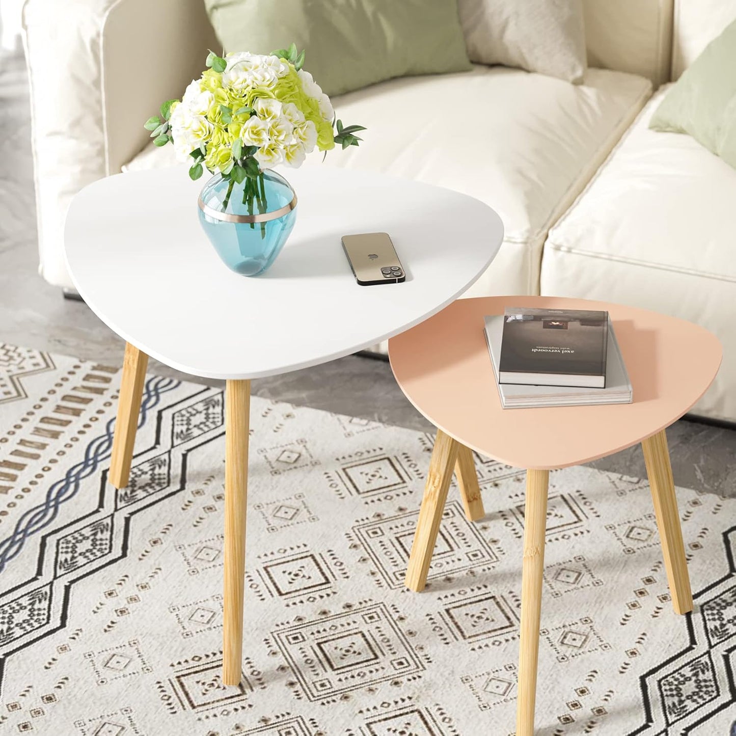 BAMEOS Bamboo Nesting Triangle End Table,Set of 2 Coffee Table Modern Minimalist Side Table for Living Room (White & Pink)