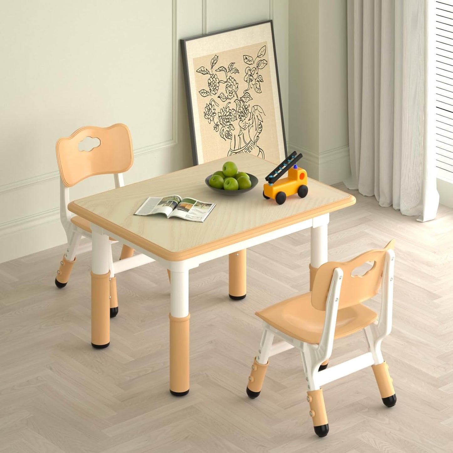 Kids Study Table and 2 Chairs Set,Height Adjustable Table and Chairs for Children and Toddlers,31.5"X23.6"Graffiti Desktop,Suitable for Daycare,Classrooms, Home