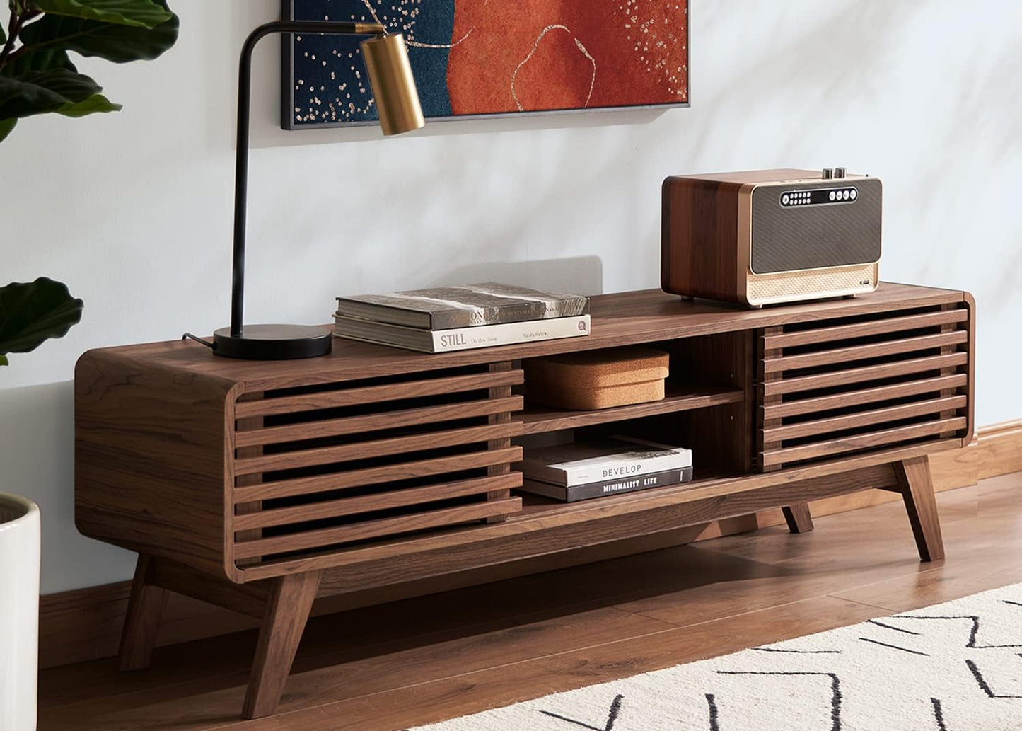 mopio Ensley TV Stand, Mid Century Modern for 55/60/65 inch TV, Farmhouse TV Stand, Entertainment Center with Storage, TV and Media Consol for Living Room (Walnut, 59")
