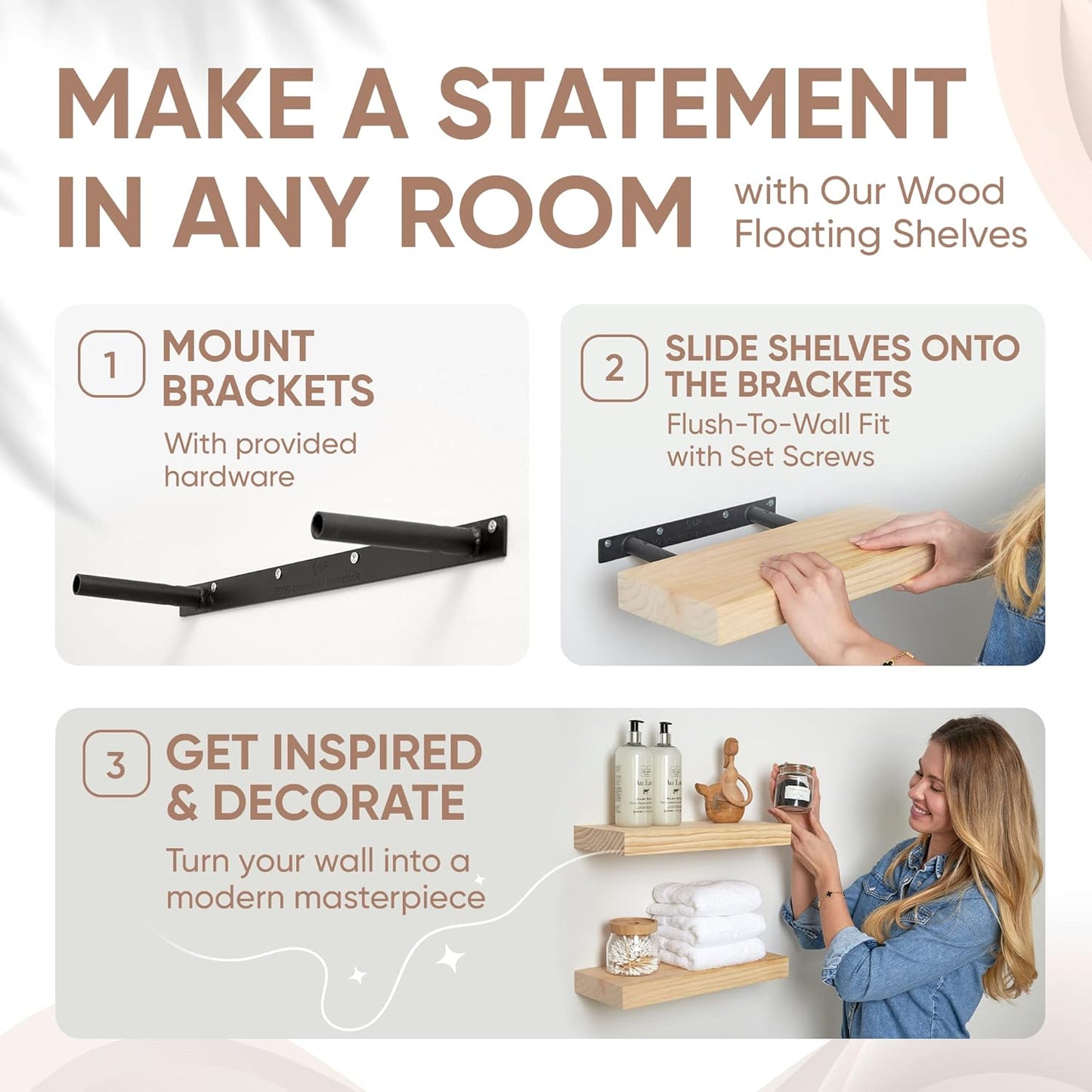 Homeforia 16 inch Natural Floating Shelf, High End Solid Real Wood 16inch Small Floating Shelves for Wall Mounted, Natural Wooden Floating Shelves, Heavy Duty Bracket, 16 X 6.5 X 1.75 in, Set of 2
