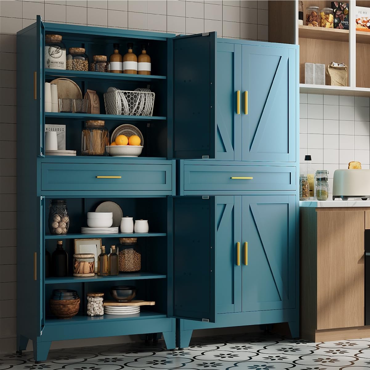 71 "Farmhouse Metal Filing Cabinet with a Drawer and 4 Adjustable Shelves, with 4 Large barn Door White Kitchen Cabinets, Metal Food Cabinets for Home, Kitchen, Dining/Living Room (Peacock Blue)