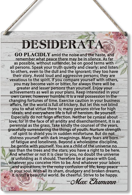 Qious Inspirational Signs Gift Farmhouse Desiderata Go Placidly Amid the Noise and the Haste Wooden Hanging Sign Rustic Wall Art Home Living Room Decoration 10 x 8 Inches