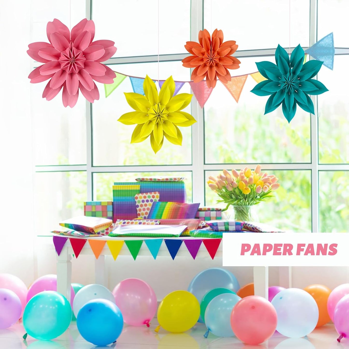 ADLKGG Hanging Colorful Paper Flower Fans Decorations, Flower Paper Fan Event Accessory for Tea Party, Wall Background Birthday, Wedding, Summer Party, Classroom Decor, Nursery Decoration, Set of 4