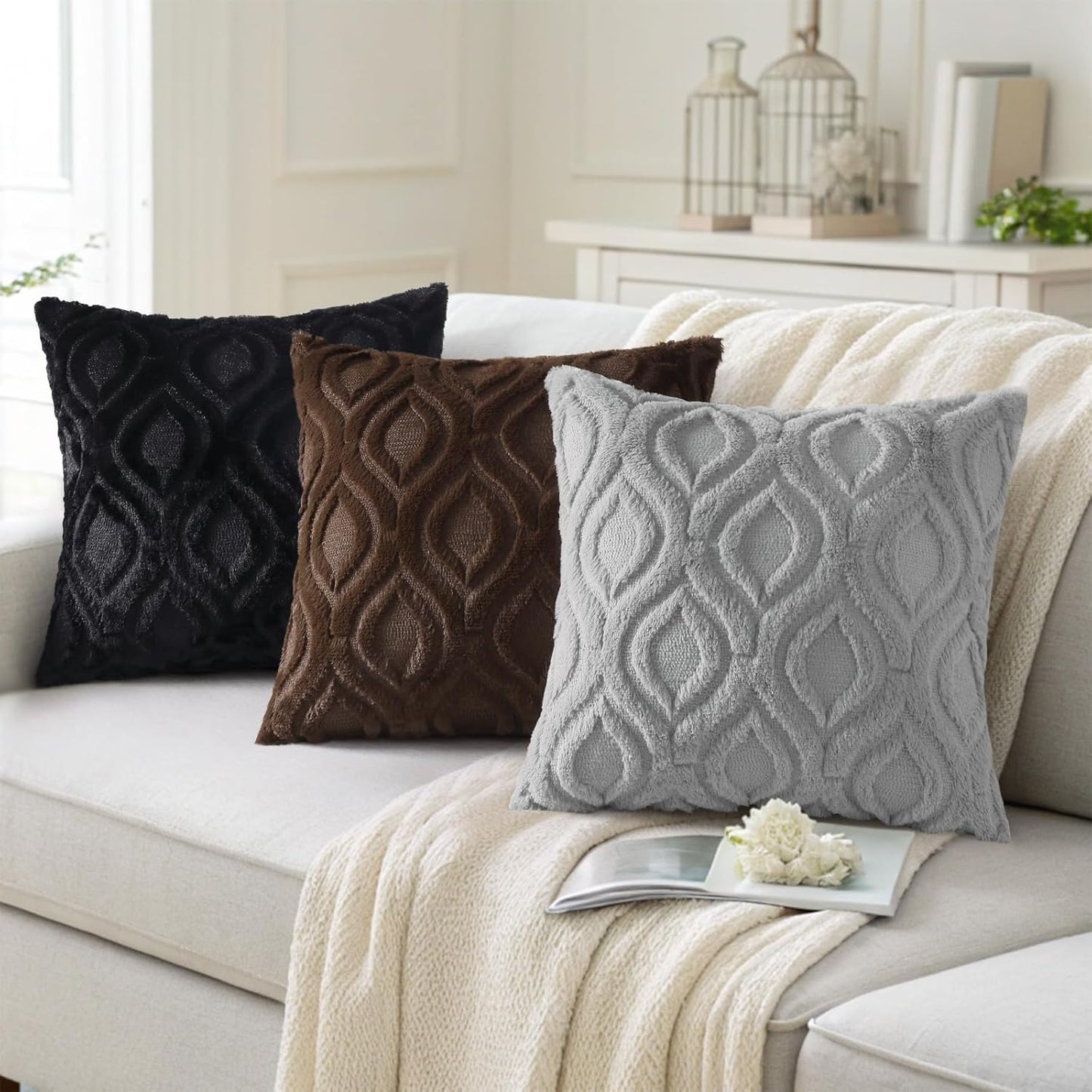 decorUhome Fall Throw Pillow Covers 22x22 Inch Set of 2, Soft Plush Decorative Faux Fur Black Solid Couch Pillow Covers, Accent Farmhouse Neutral Square Euro Pillow Cases for Sofa Bed Living Room