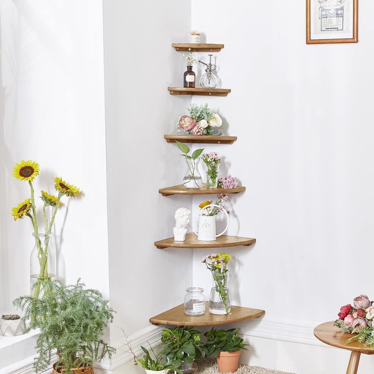 Corner Shelf, Solid Oak Wood Floating Corner Shelf Wall Mount Round End Floating Speaker Shelves with Wire Hole for Small Plant Photo for Bedroom Kitchen, Living Room