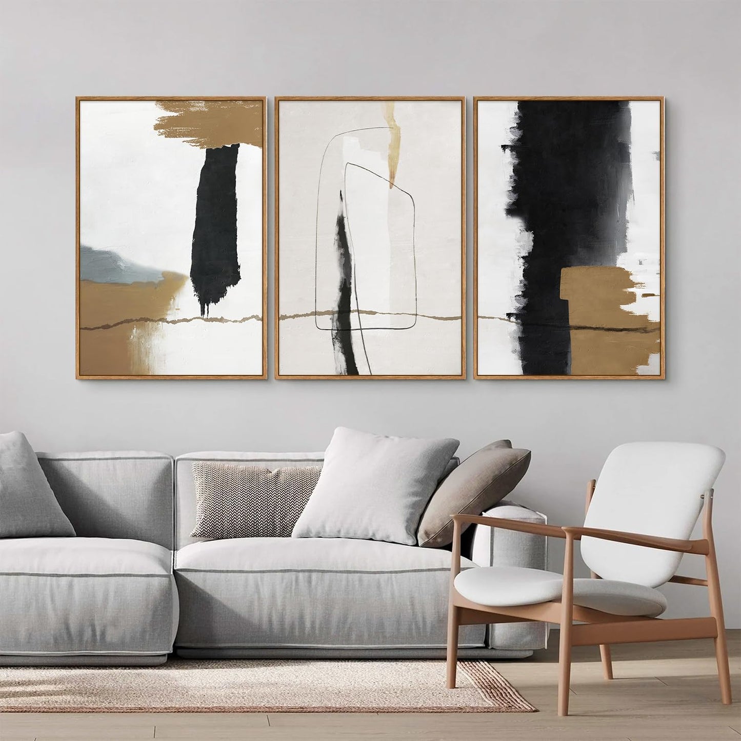 SIGNINART Black and White Abstract Framed Canvas Wall Art Set of 3, Beige Neutral Art Prints, Minimalist Modern Wall Decor for Living Room, Bedroom, Office,Above Couch 16"x24"x3