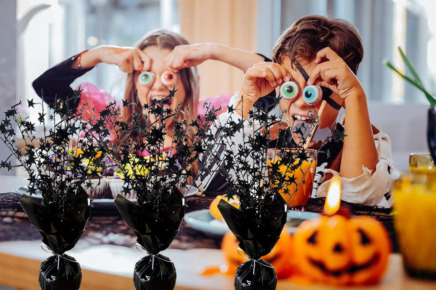 6 Pack Halloween Decoration Indoor Metallic Foil Spray Centerpiece Star Table Decoration Burst Table Centerpieces Gold Decor for Birthday Wedding Anniversary Graduation Holiday Party Supplies, Black