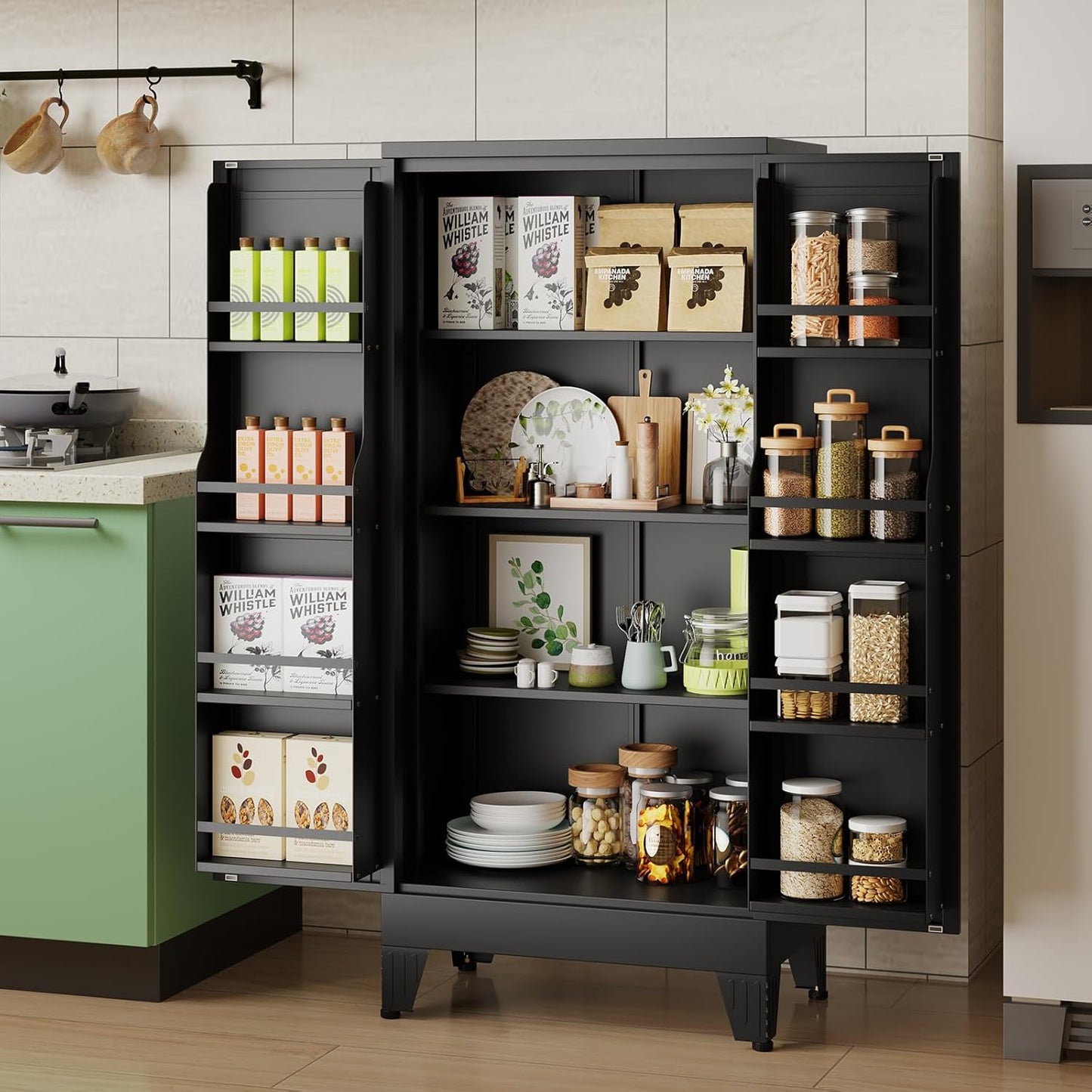 51" H Metal Kitchen Pantry Storage Cabinet, Freestanding Cupboard Storage Cabinet with Doors and Adjustable Shelves, Large Stand Up Food Cupboard for Living Room, Dinning Room, Black