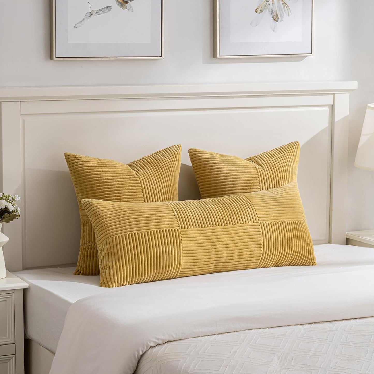 Fancy Homi 2 Packs Mustard Yellow Lumbar Decorative Throw Pillow Covers 14x24 Inch for Couch Bed, Rustic Farmhouse Boho Home Decor, Soft Striped Corduroy Rectangle Accent Cushion Case