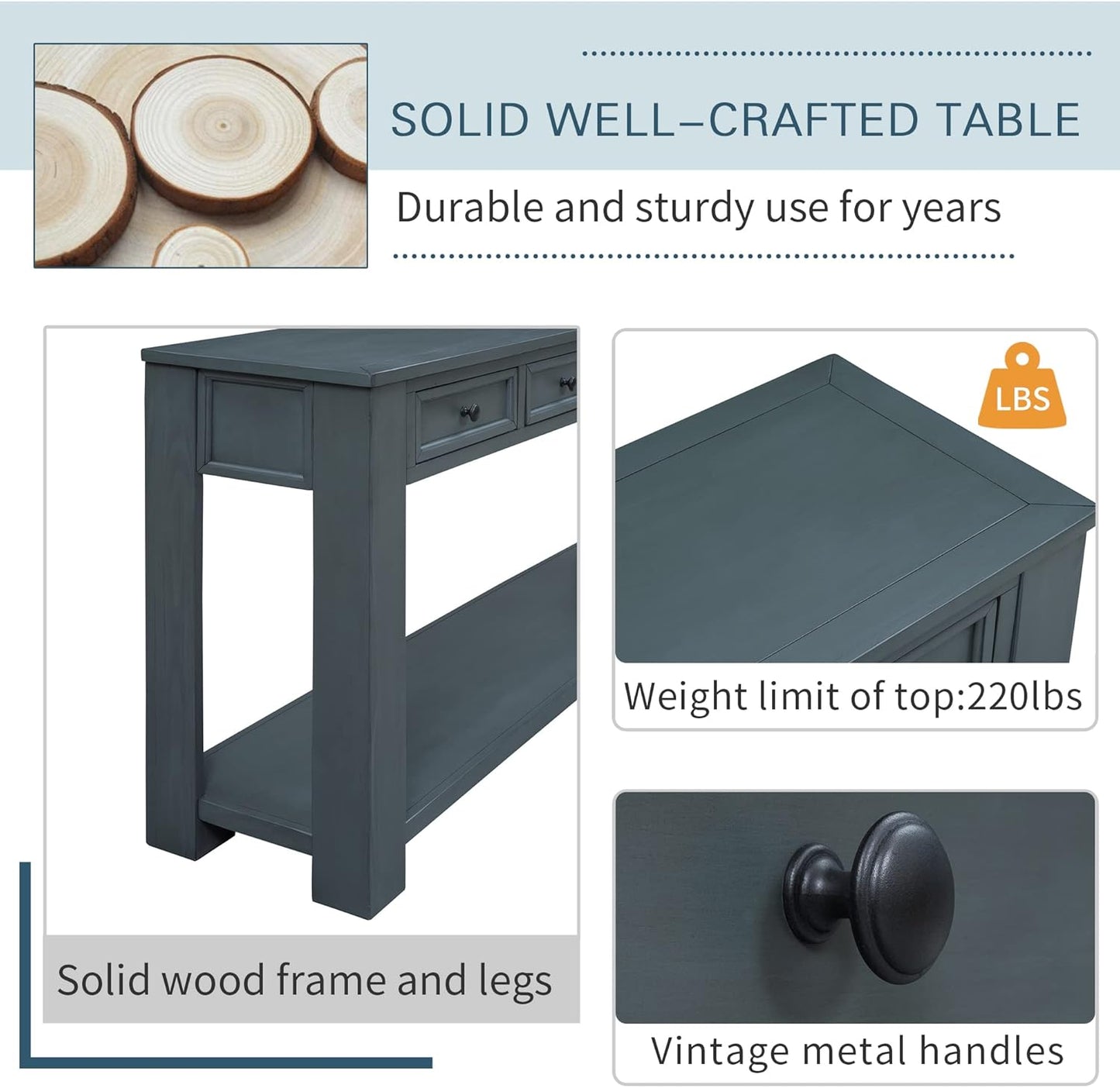 Solid Wood Console Table, Long Sofa Table Entryway Table with 4 Drawers and Bottom Shelf for Hallway Living Room Couch Table,Fully Assembled (63" Navy)